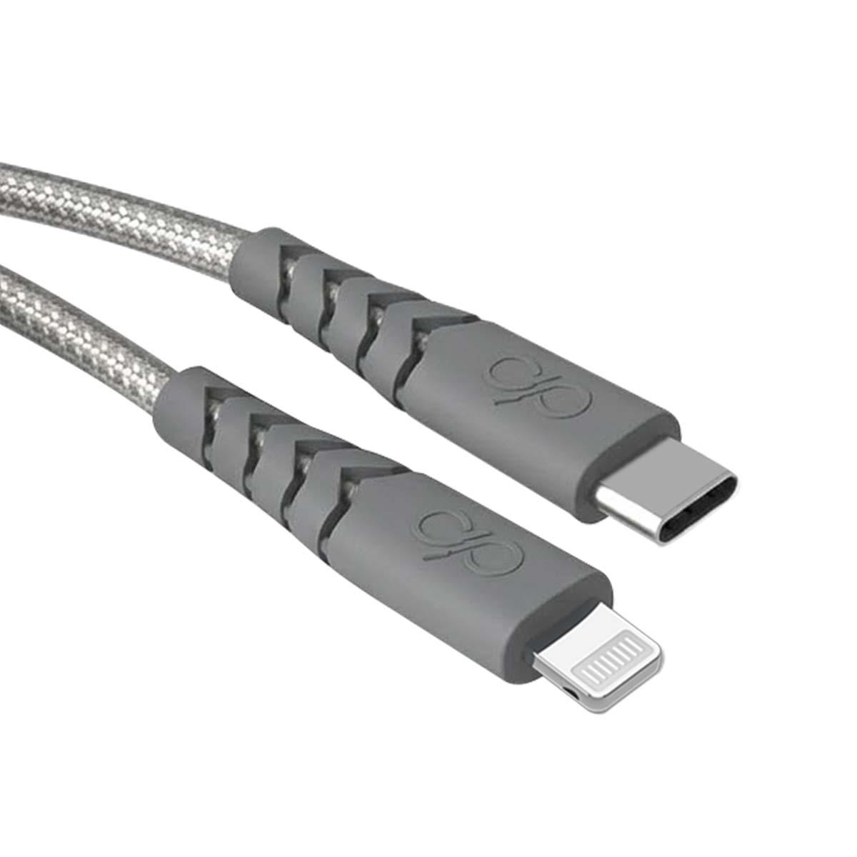 Câble de chargement gris avec connecteurs USB-C et Lightning.