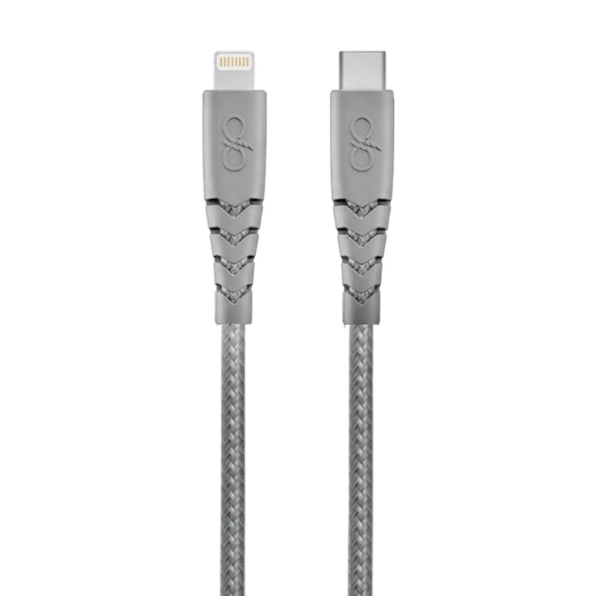 Câble Lightning et USB-C gris avec un éclat métallique.