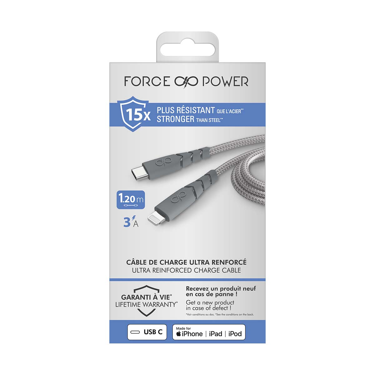 Un câble de chargement gris avec connecteurs USB-C et Lightning, 1,20 m.