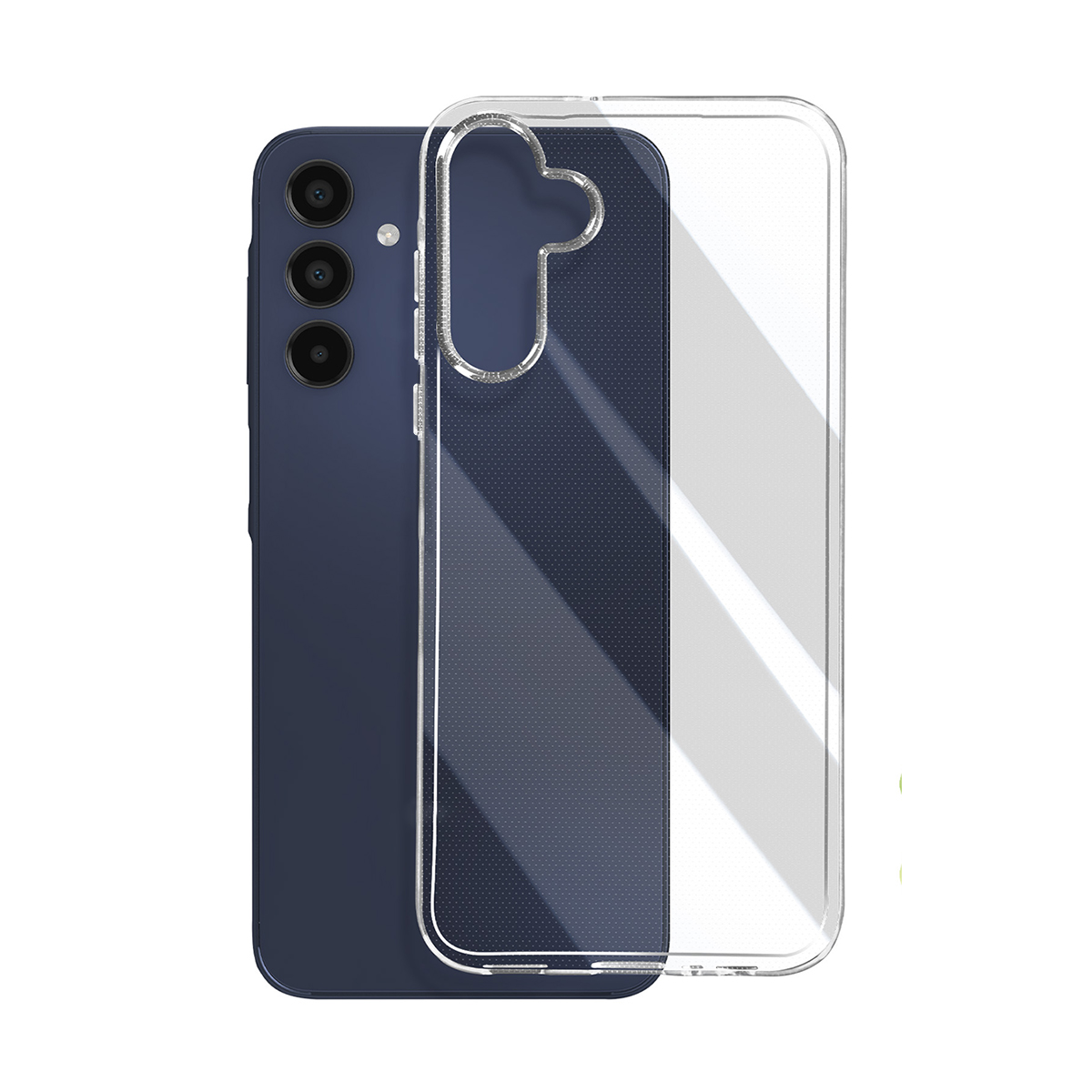Dunkelblaues Smartphone mit drei Kameras und einer transparenten Hülle.