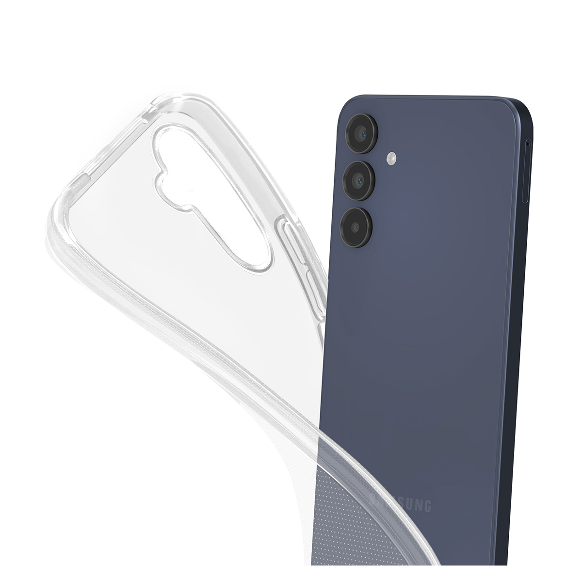Ein transparenter Handyhülle liegt neben einem blauen Smartphone.