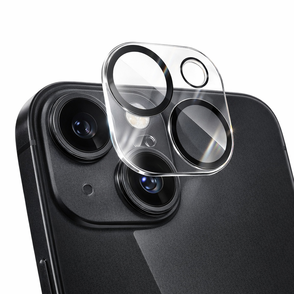 Verre protecteur sur module caméra iPhone noir avec trois lentilles.