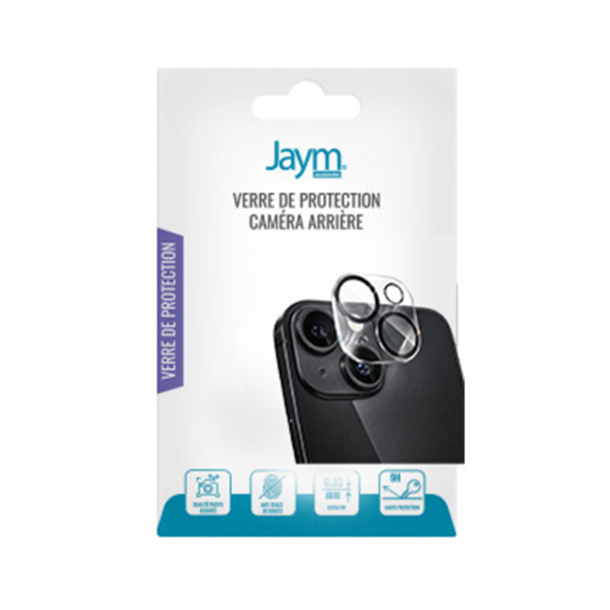 Protection d'écran pour caméra arrière Jaym sur un iPhone noir.