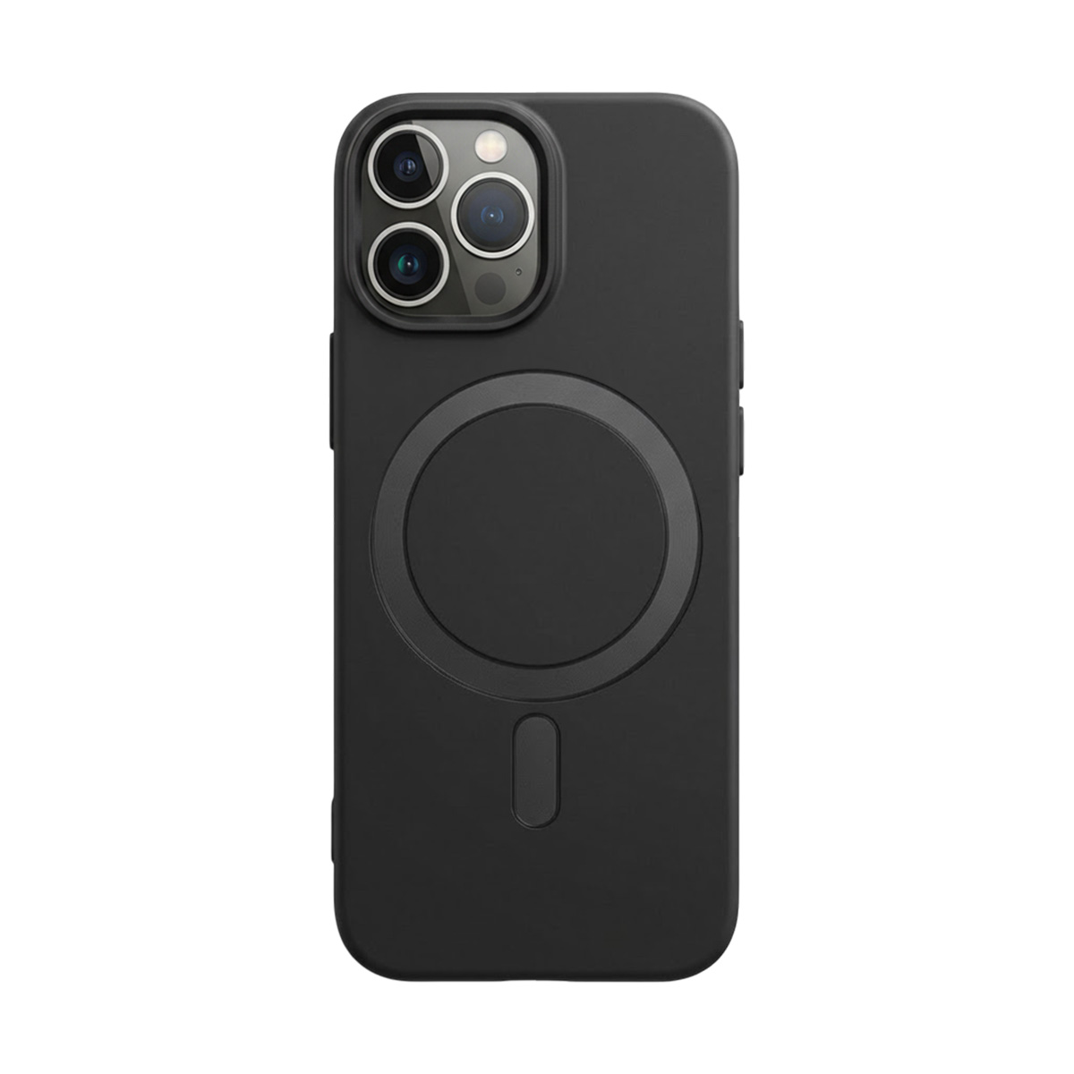 Custodia nera per telefono con tre obiettivi e cerchio di ricarica magnetico.