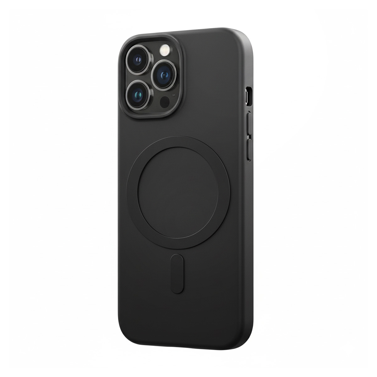 Custodia nera per iPhone con tre fotocamere e anello magnetico.