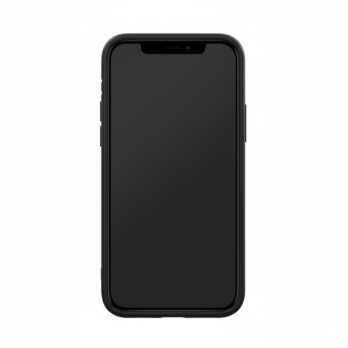 Uno smartphone nero con schermo scuro e notch su sfondo bianco.