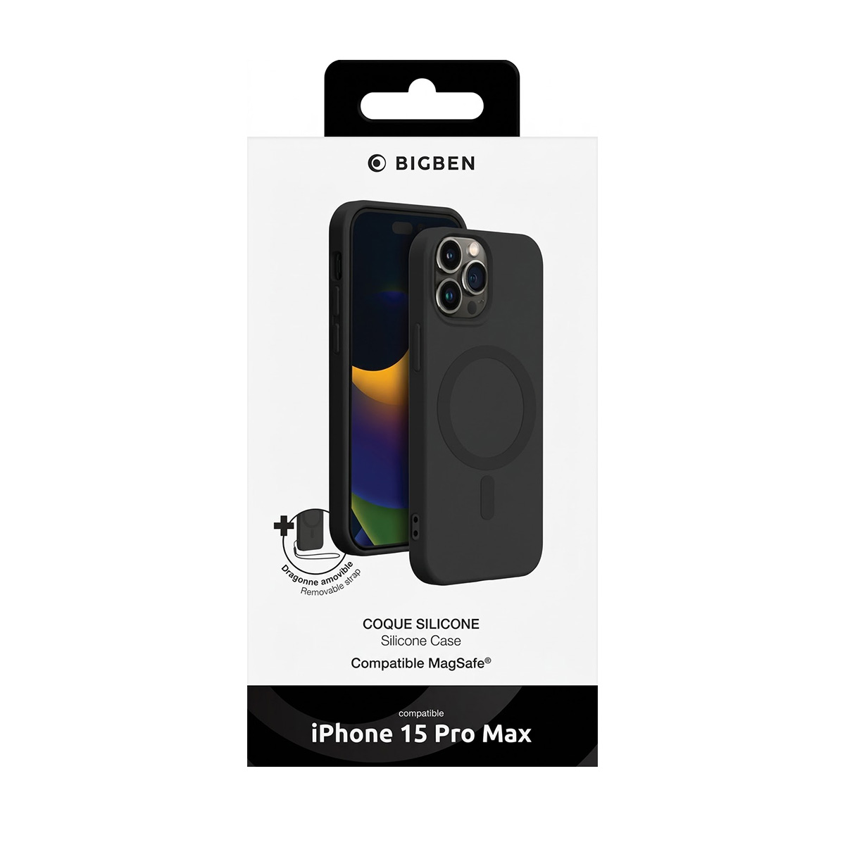 Custodia nera in silicone per iPhone 15 Pro Max, compatibile MagSafe.