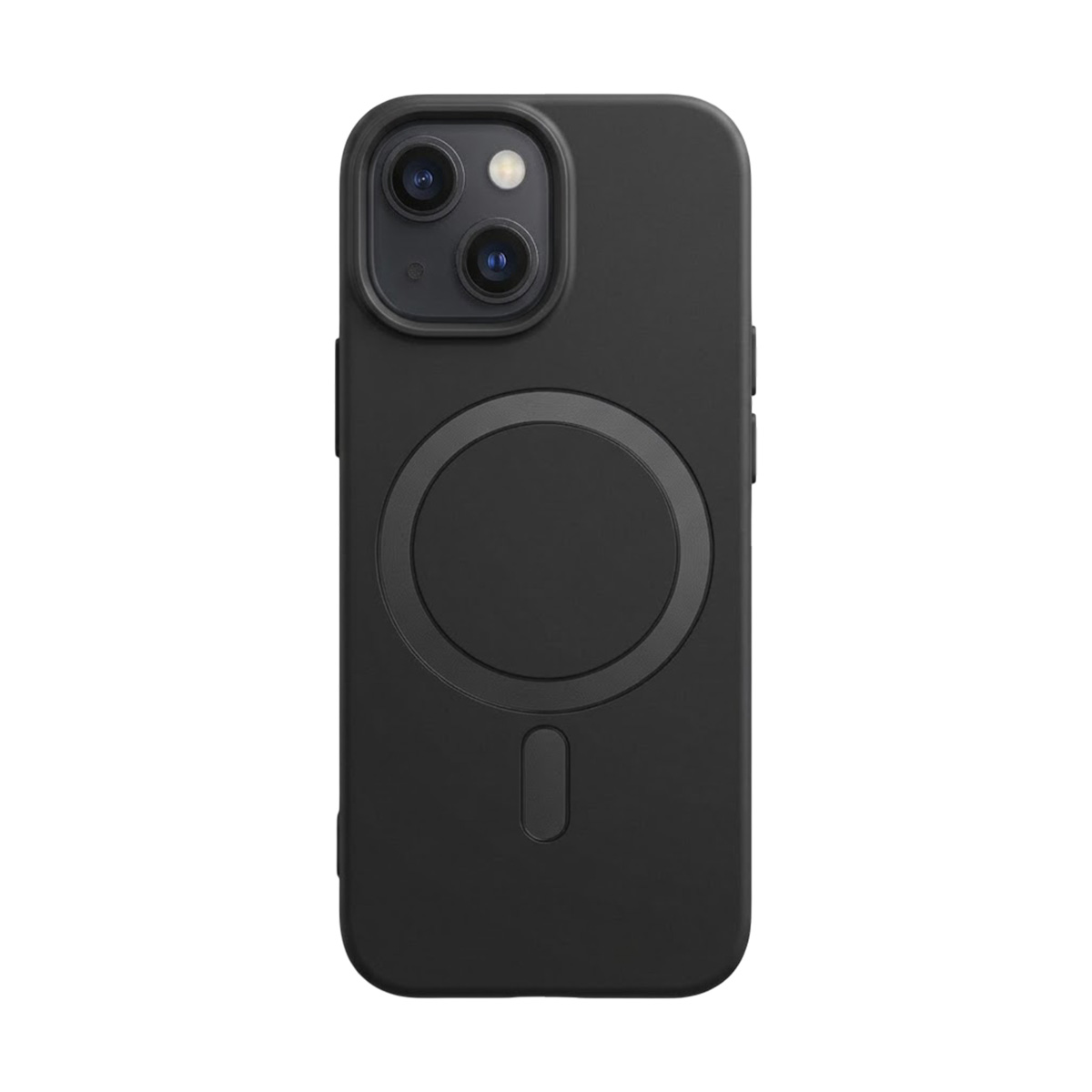 Custodia nera per telefono con sporgenza fotocamera e cerchio di ricarica magnetica.