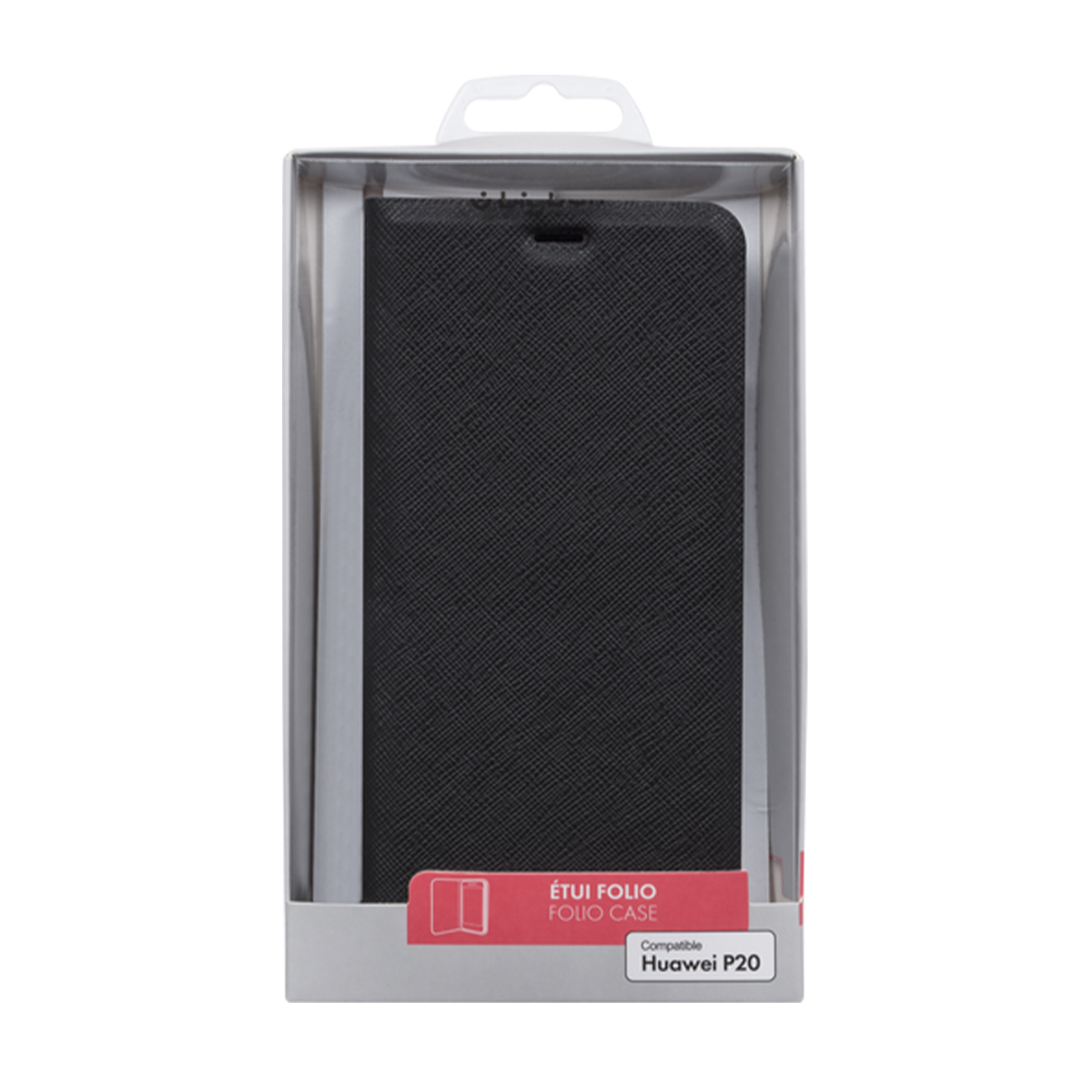 Custodia a libro Huawei P20 nera in confezione trasparente.