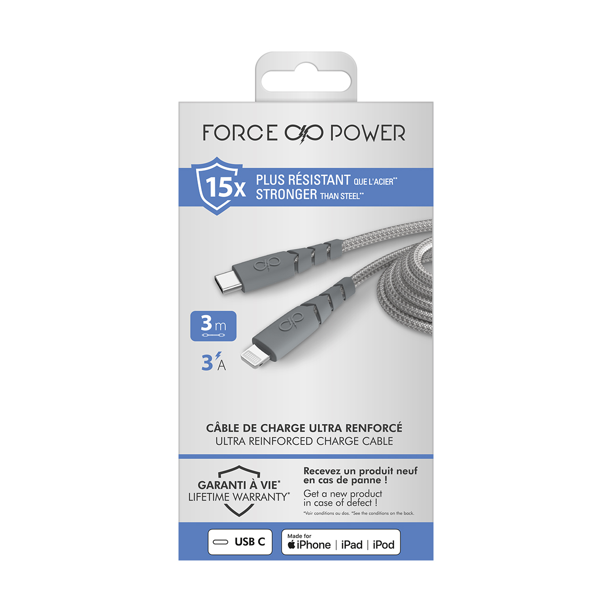 Emballage d'un câble de chargement renforcé gris USB-C vers Lightning.