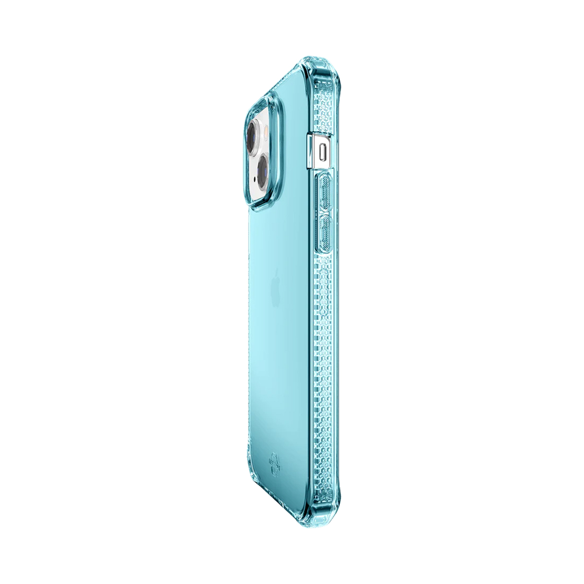 Un iPhone azzurro in una custodia trasparente, mostrato dal lato destro.