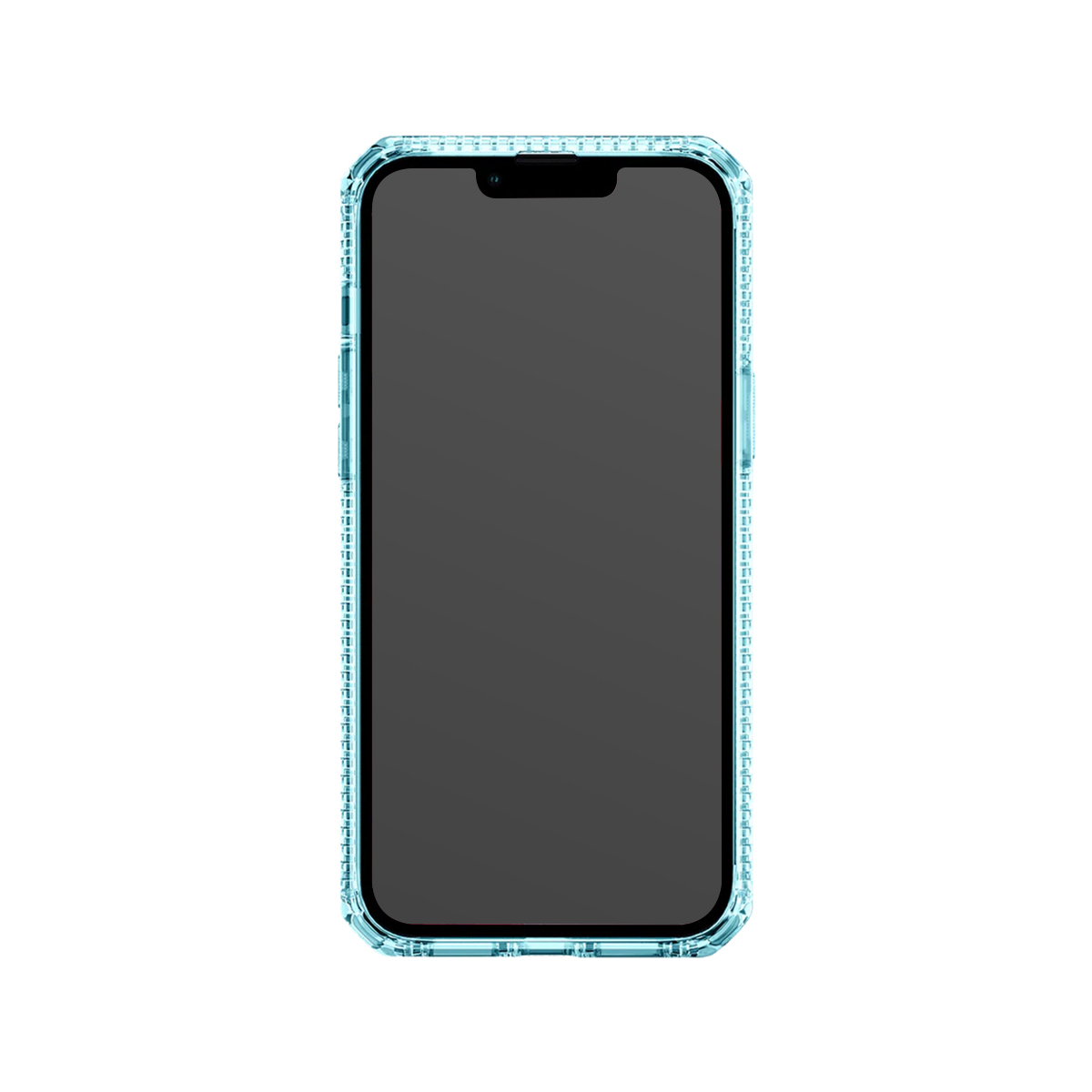 Una custodia per telefono turchese con bordo trasparente e schermo scuro.