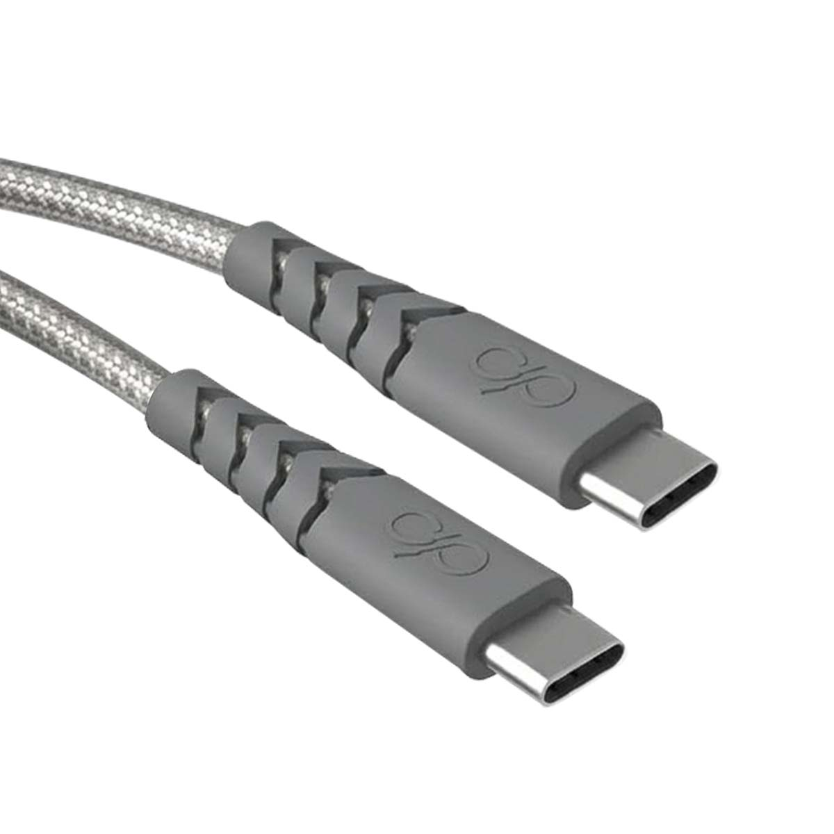 Due cavi USB-C con cavi grigi intrecciati e connettori grigi.
