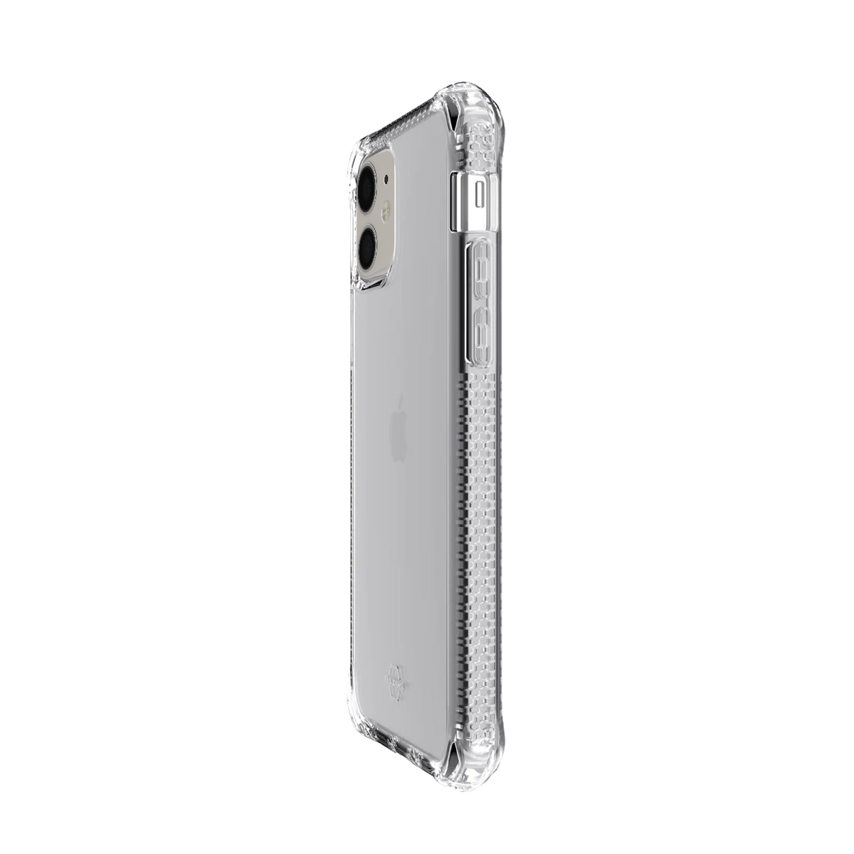 Custodia trasparente per telefono con doppia fotocamera posteriore, vista laterale.