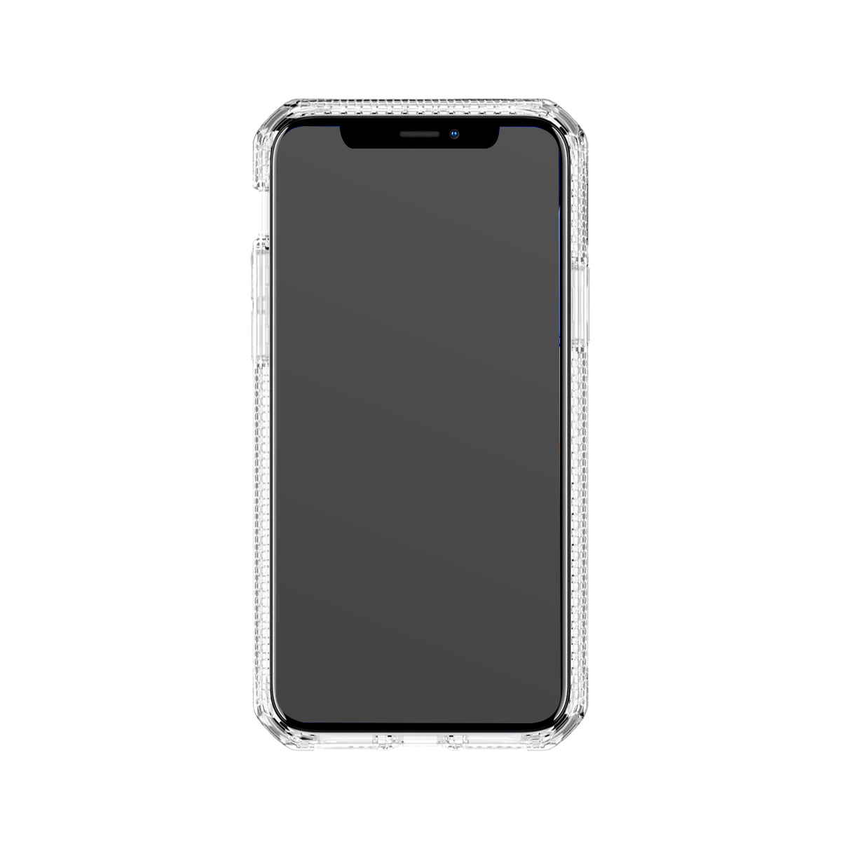 Viene mostrata una custodia trasparente per telefono con schermo scuro.