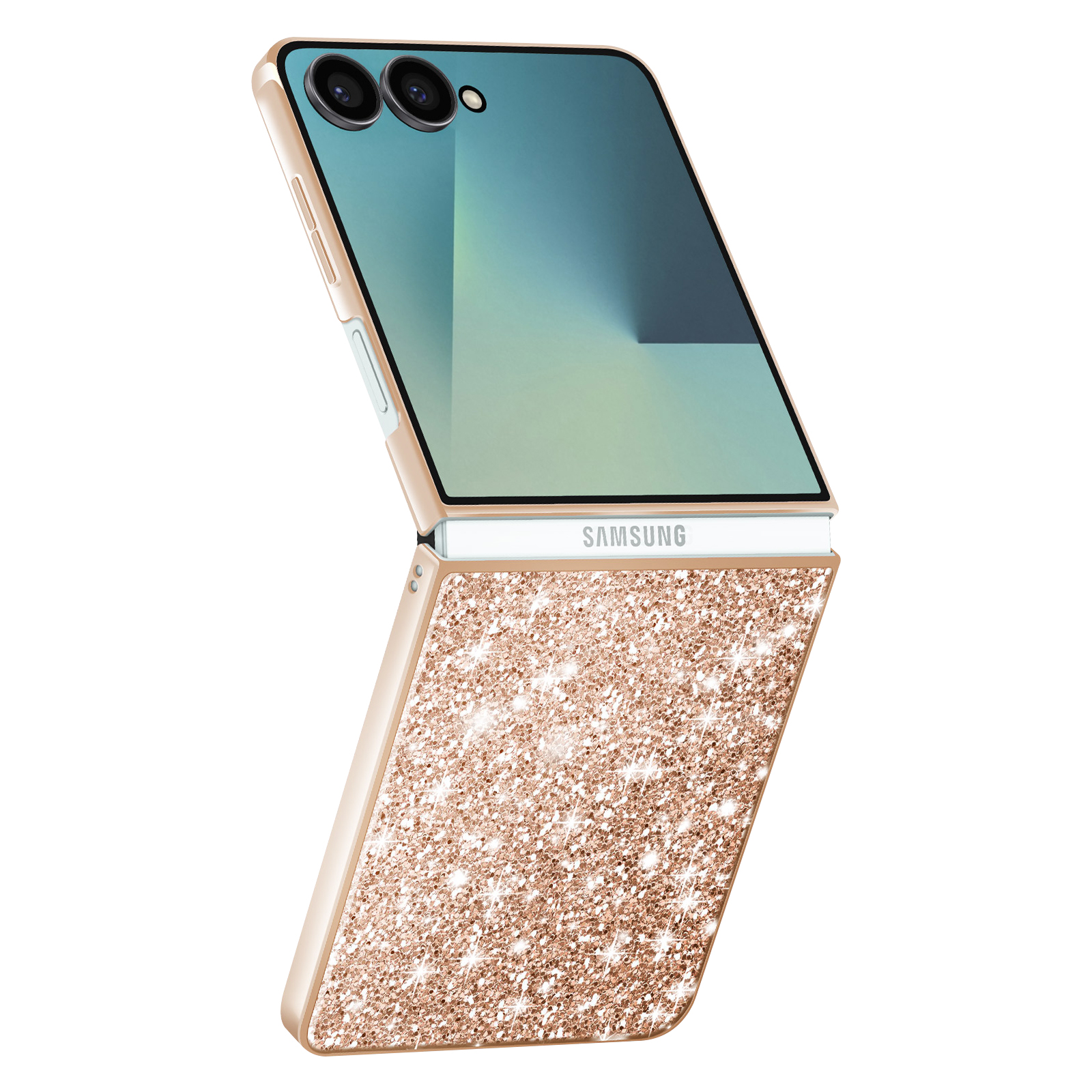Een roségouden klaptelefoon met glitter en twee camera's.