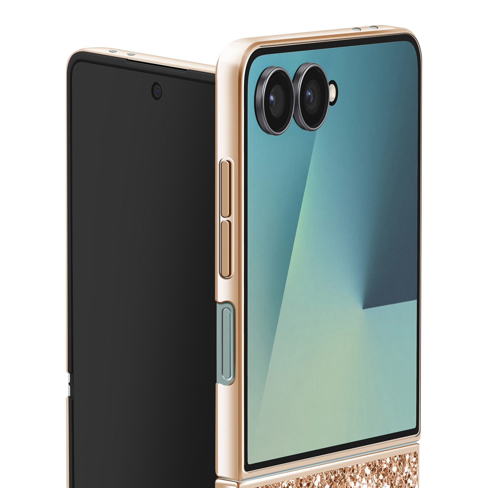 Gouden opvouwbare telefoon met twee camera's en glitteronderkant.