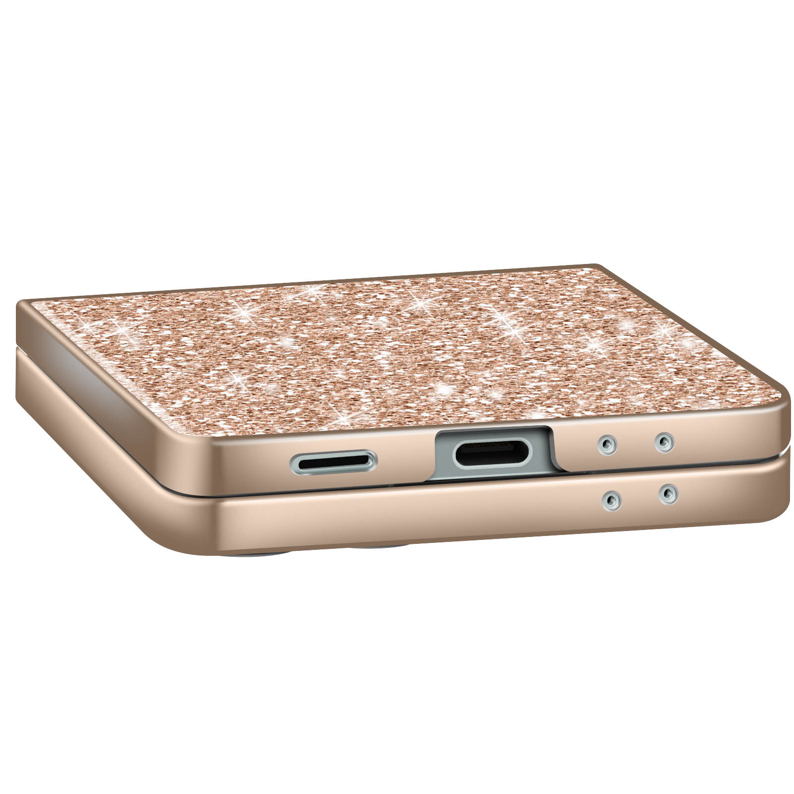 Een gouden telefoonhoesje met glitter en uitsparingen.