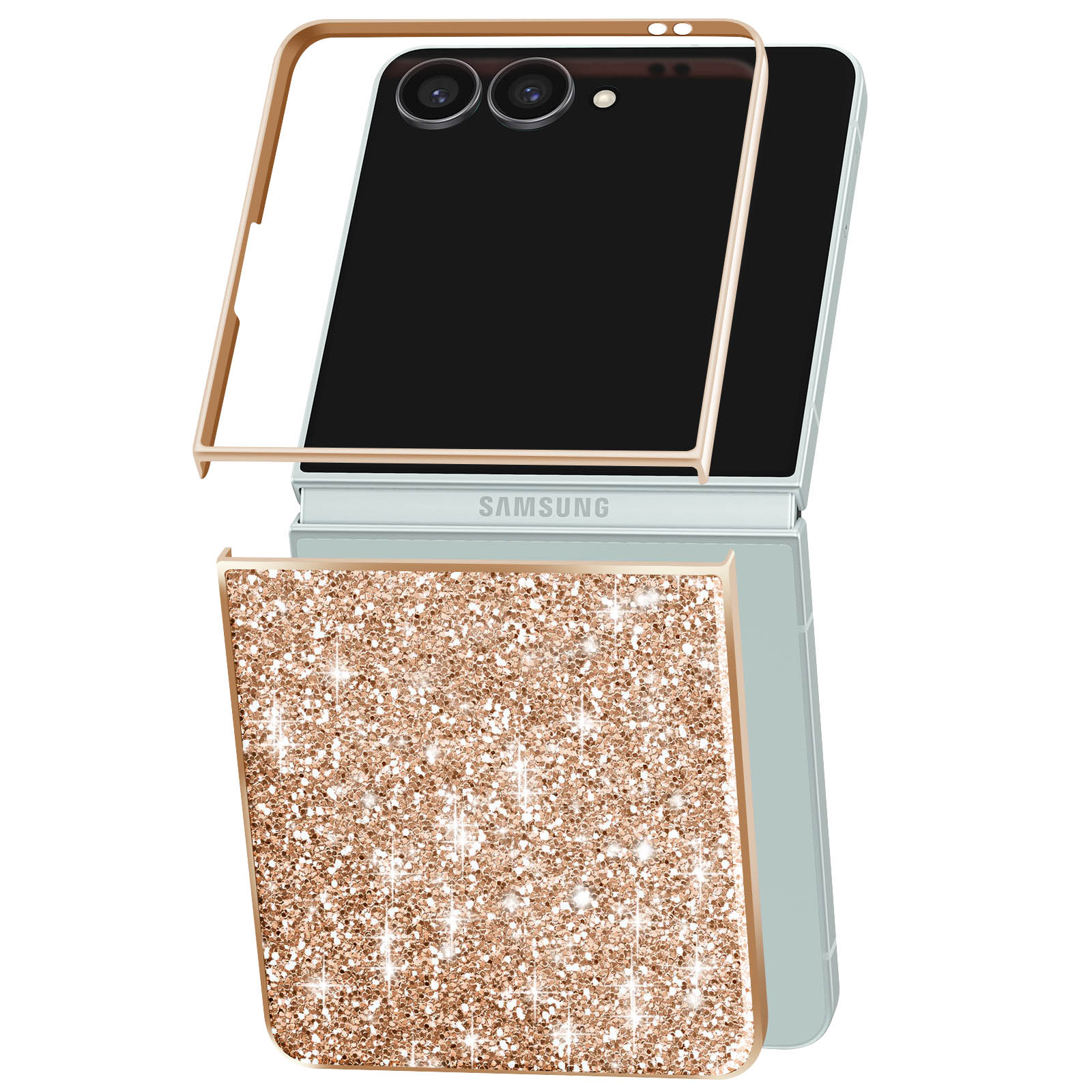 Een lichtblauwe klaptelefoon met een goudkleurig frame en glitterhoes.