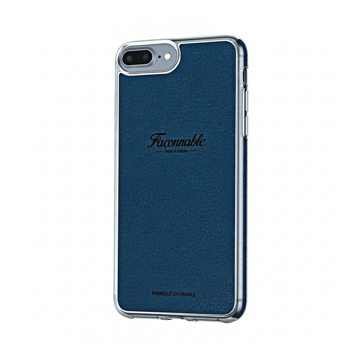 Custodia blu scuro con finiture argentate e logo.