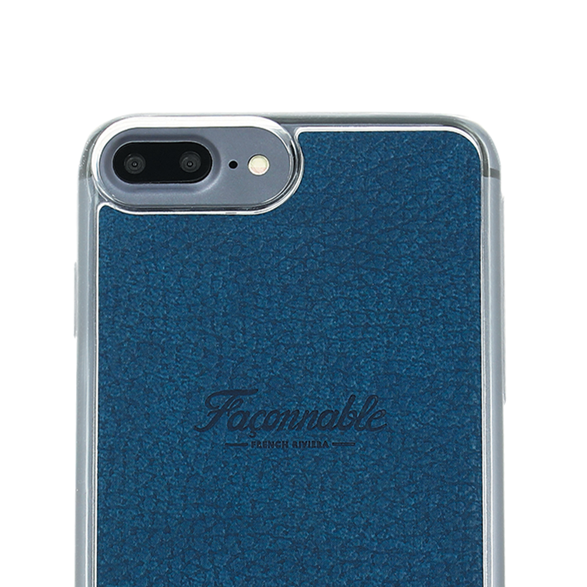 Retro di una cover per telefono blu con scritta "Faconnable".