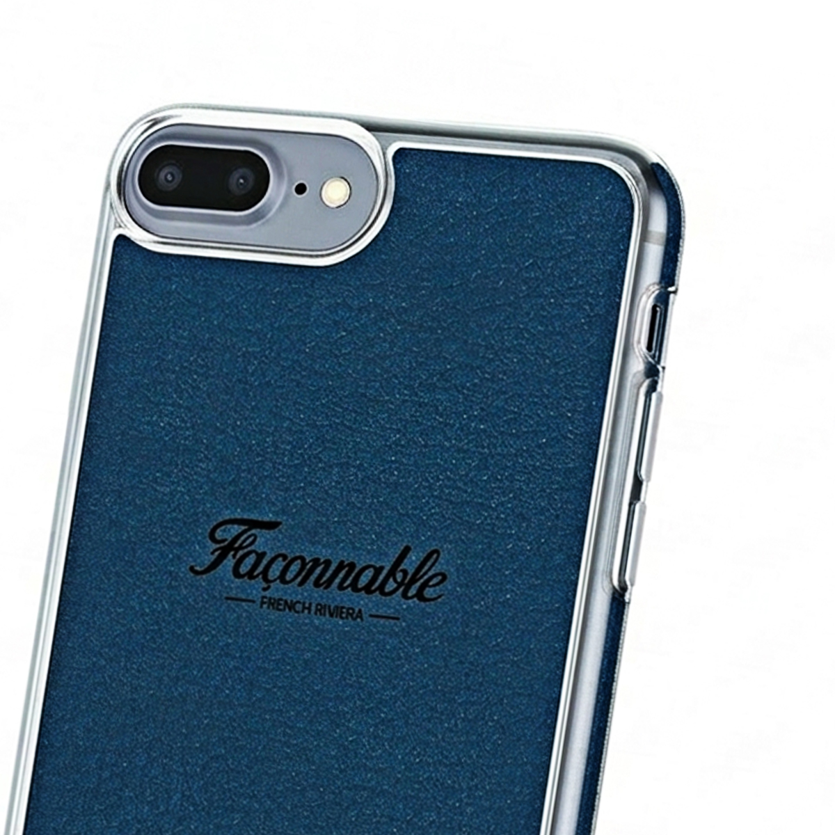 Custodia blu scuro per telefono con due fotocamere e logo su sfondo bianco.