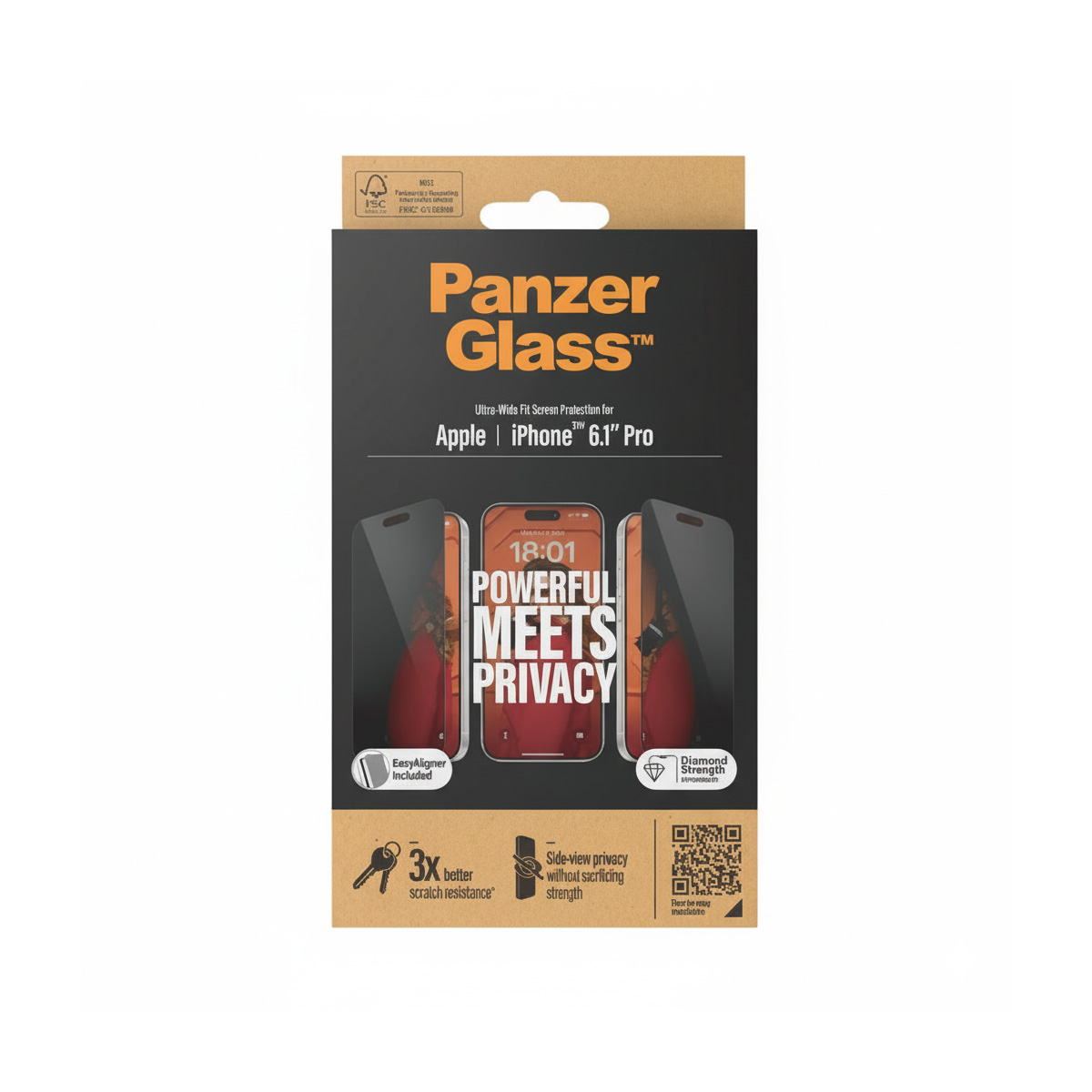 Emballage de protecteur d'écran Panzer Glass iPhone 6.1" Pro, montrant trois iPhones.