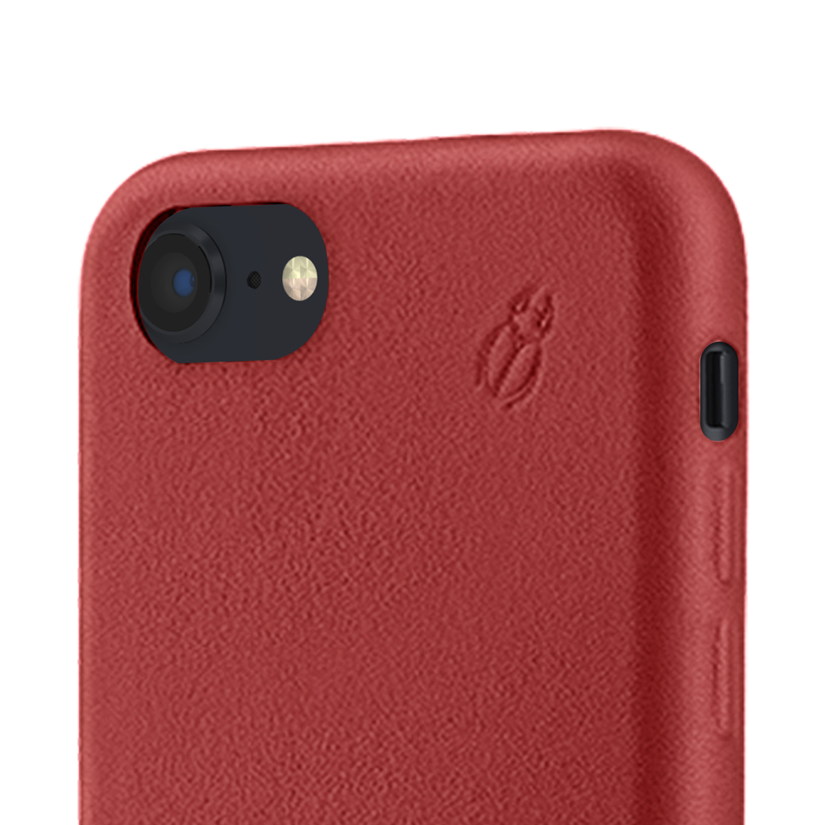 Rote Handyhülle mit Kamera und Logo. Seitenknopf sichtbar.