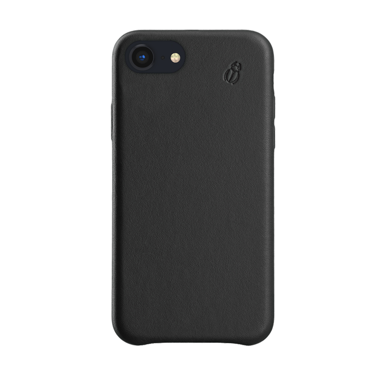 Custodia nera per telefono con lente e logo.