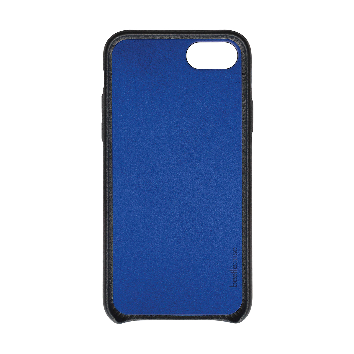 Una custodia blu per iPhone con bordo nero e foro per fotocamera.