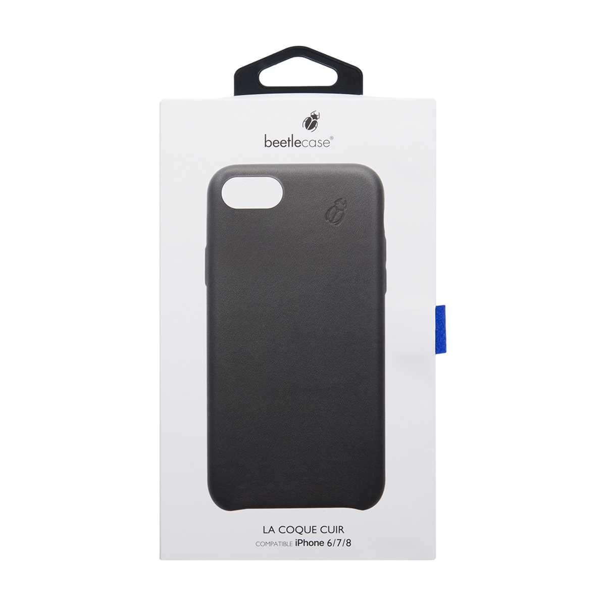 Custodia nera in pelle per iPhone 6/7/8 in confezione bianca con logo.