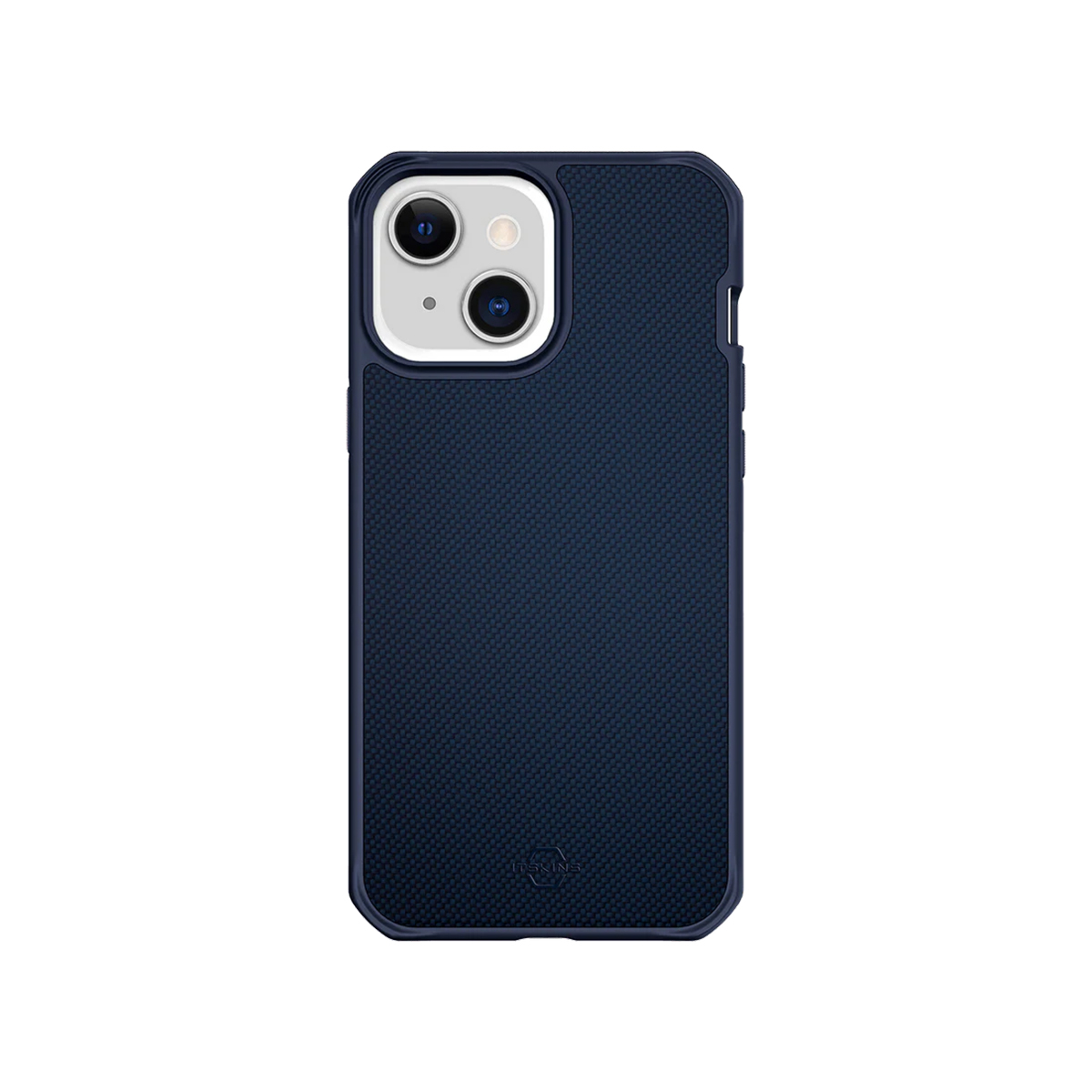 Custodia blu scuro per telefono con retro testurizzato e doppia lente.