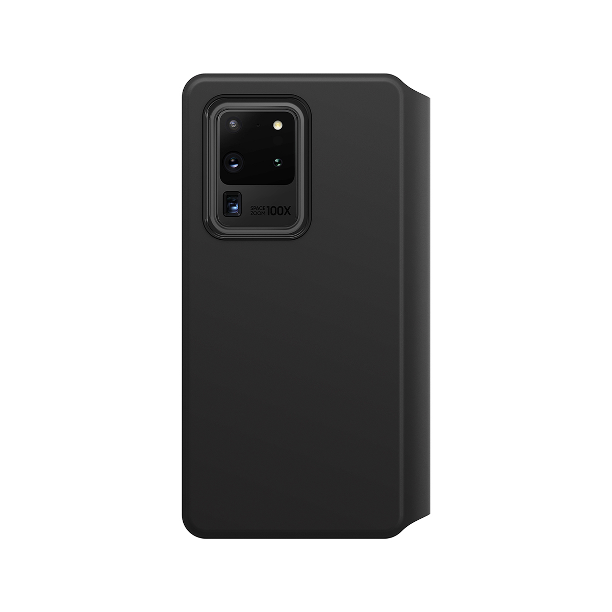 Schwarzes Handy mit großer Kameraeinheit auf der Rückseite.