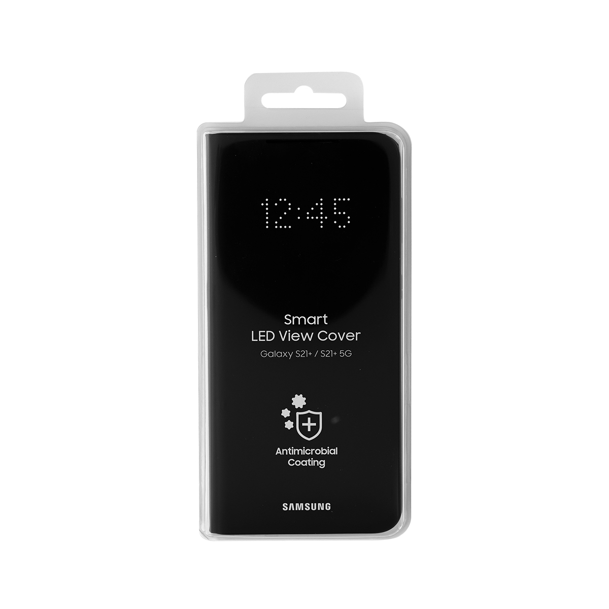 Schwarze Samsung Smart LED View Cover für Galaxy S21+ mit Uhrzeit und Antimikrobiellem Schutz.