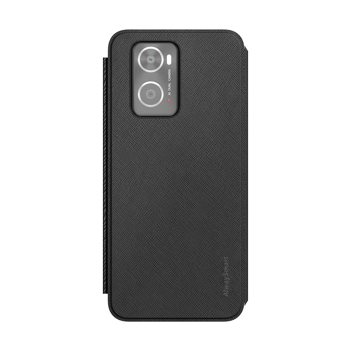 Custodia nera texturizzata per telefono con fotocamera e logo.