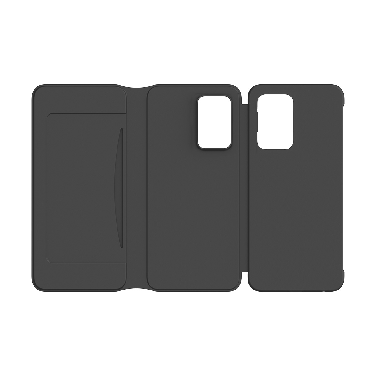 Custodia a libro nera per smartphone con due ritagli per fotocamera.
