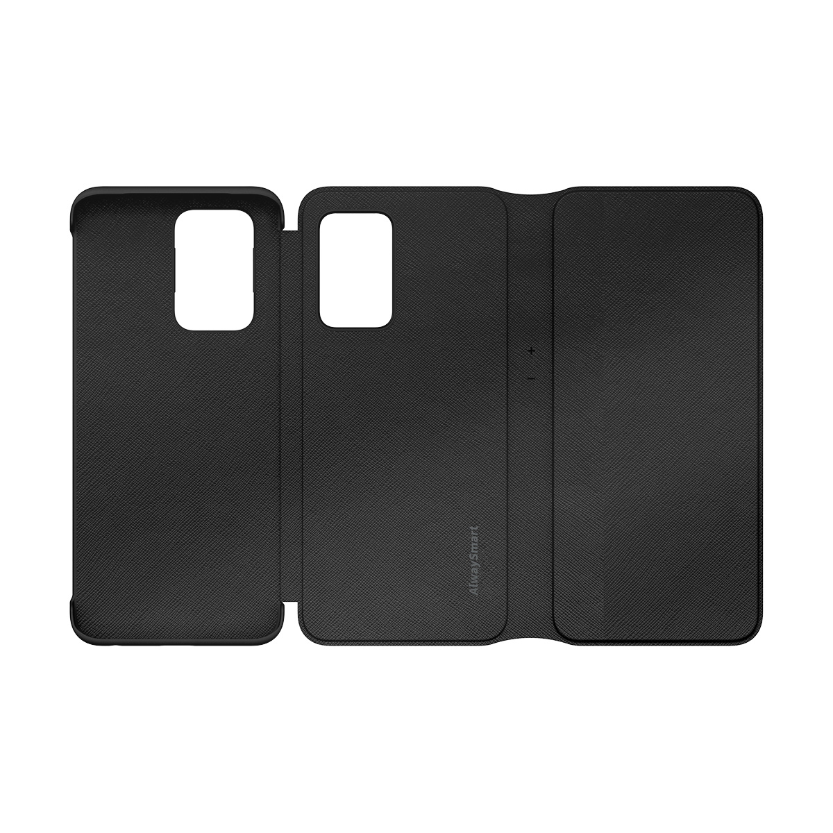 Custodia nera per telefono con due ritagli per fotocamera, aperta su sfondo bianco.