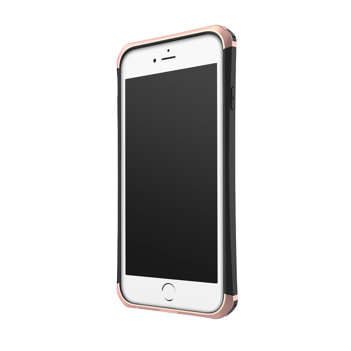 Uno smartphone elegante con custodia nera e finiture oro rosa, su sfondo bianco.
