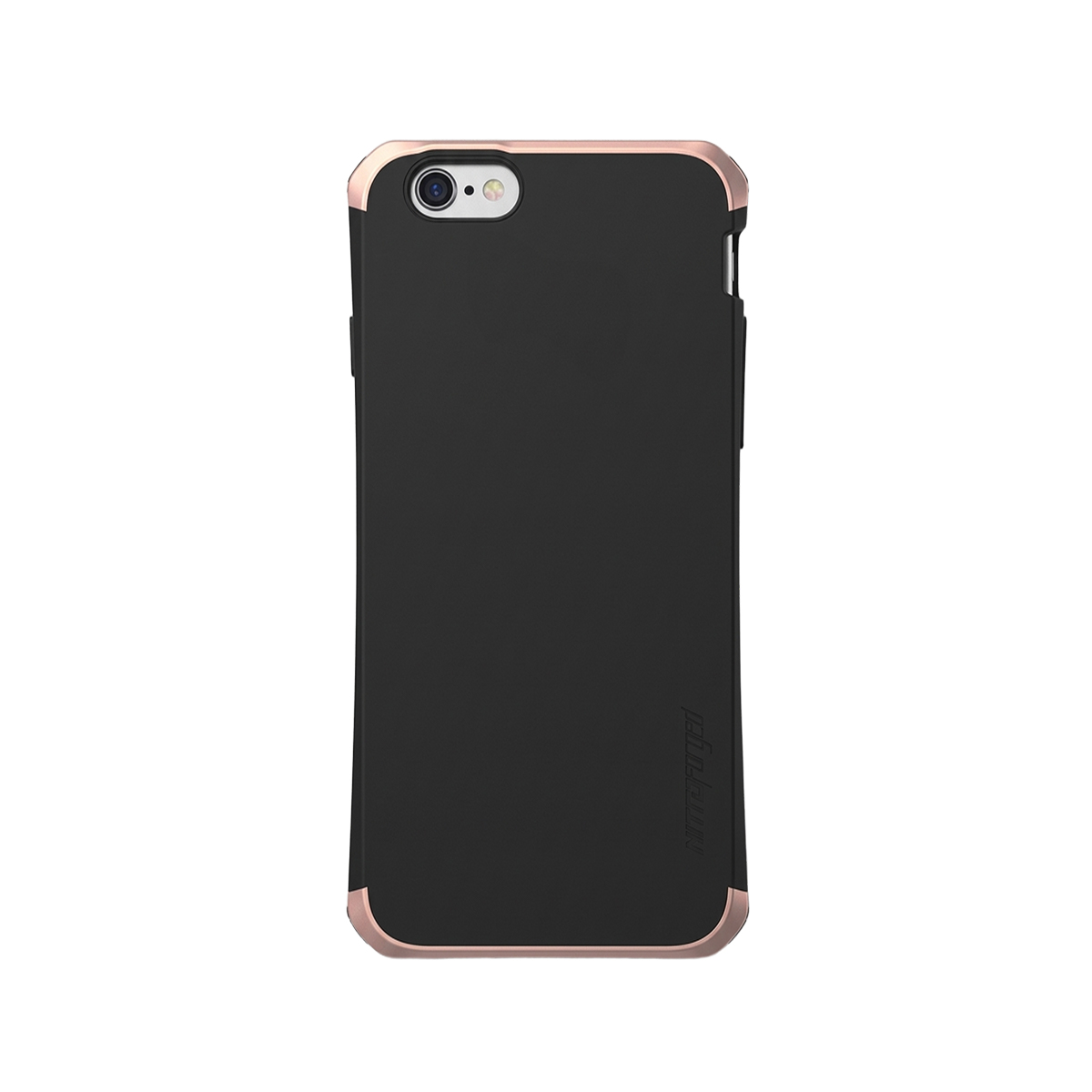 Custodia nera per telefono con bordo oro rosa, foro fotocamera in alto.