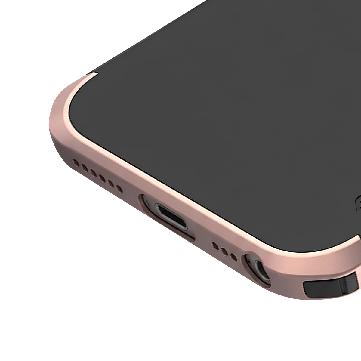 Primo piano di una cover per telefono oro rosa con schermo nero, che mostra porte.
