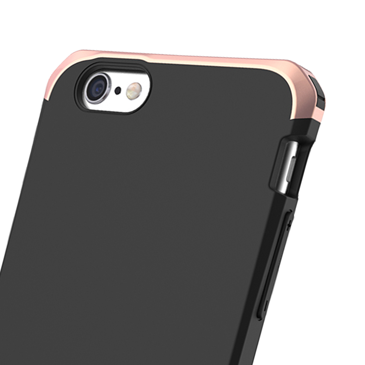 Cover nera per telefono con bordo oro rosa e lenti.