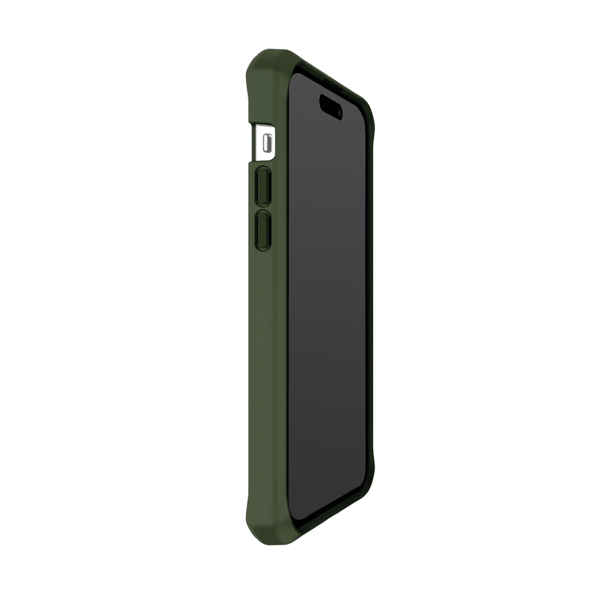 Telefono verde scuro con schermo nero e pulsante argentato.