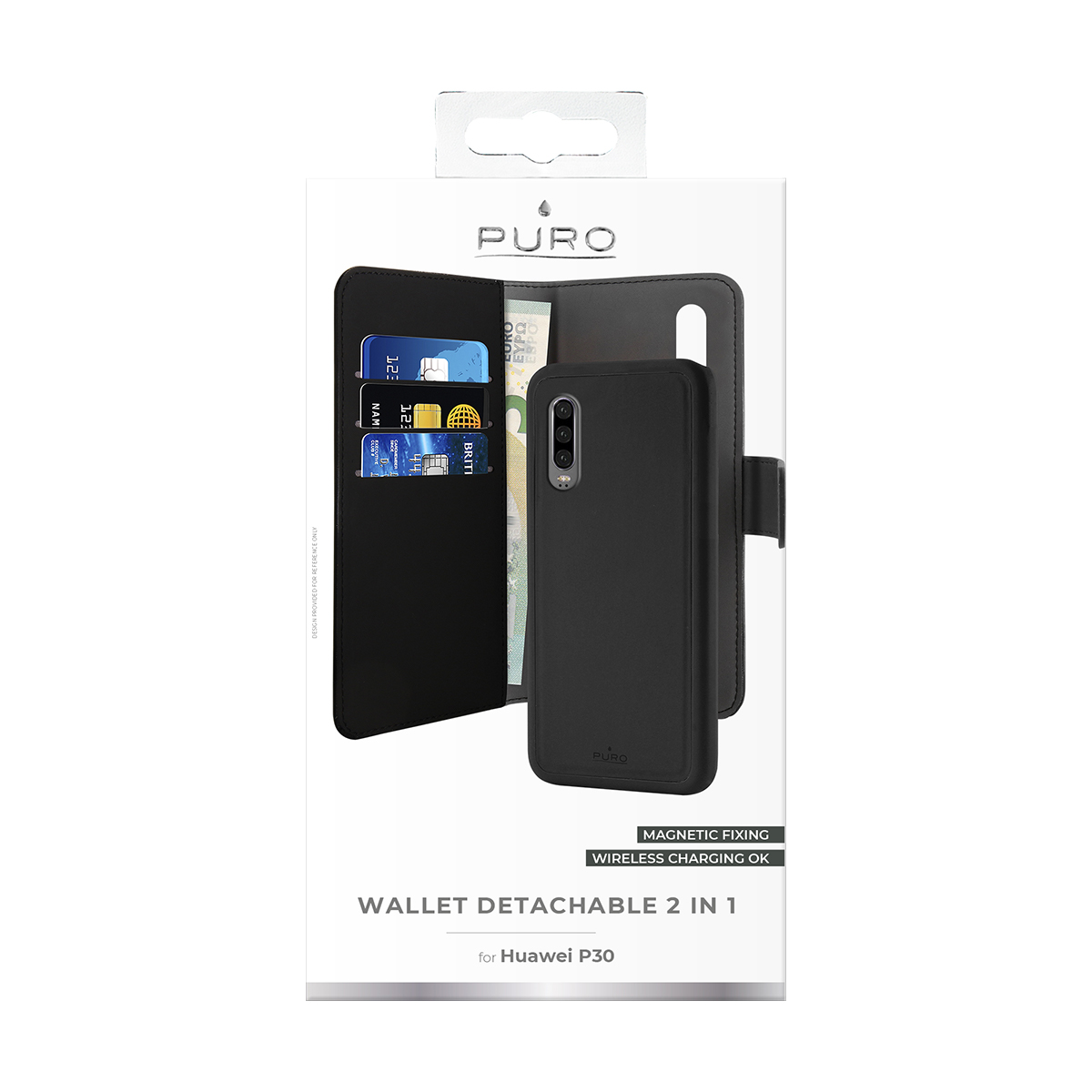 Custodia a portafoglio nera PURO con slot per carte e supporto.