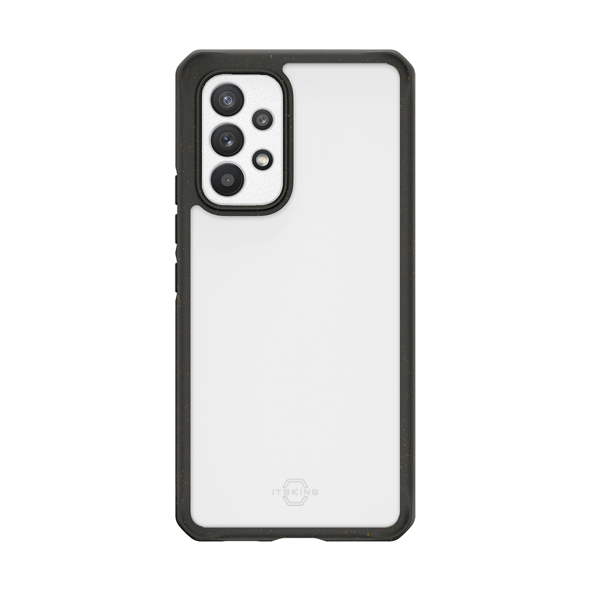 Una cover trasparente per telefono con bordo nero e foro fotocamera.