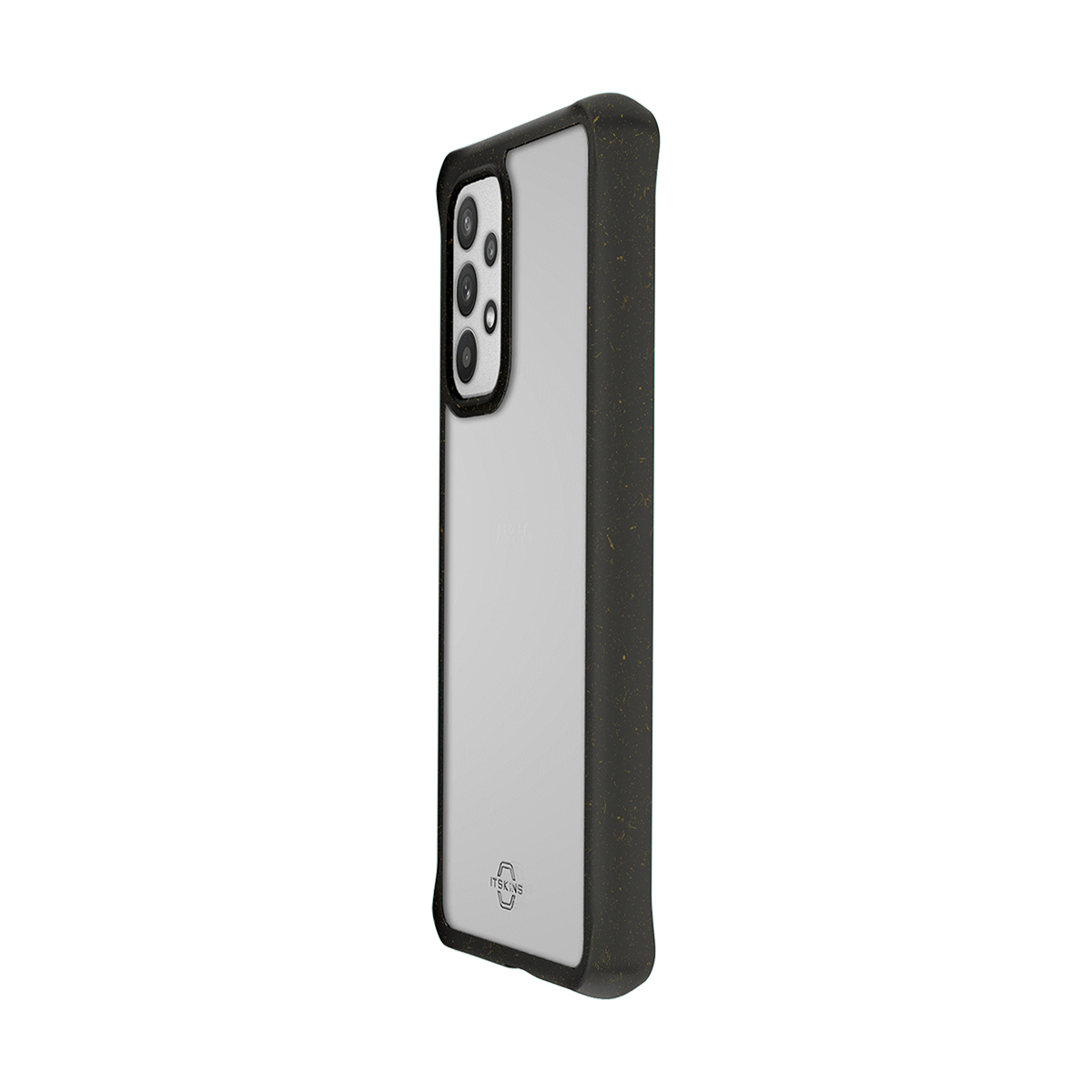 Custodia trasparente per telefono con bordo nero e modulo fotocamera.