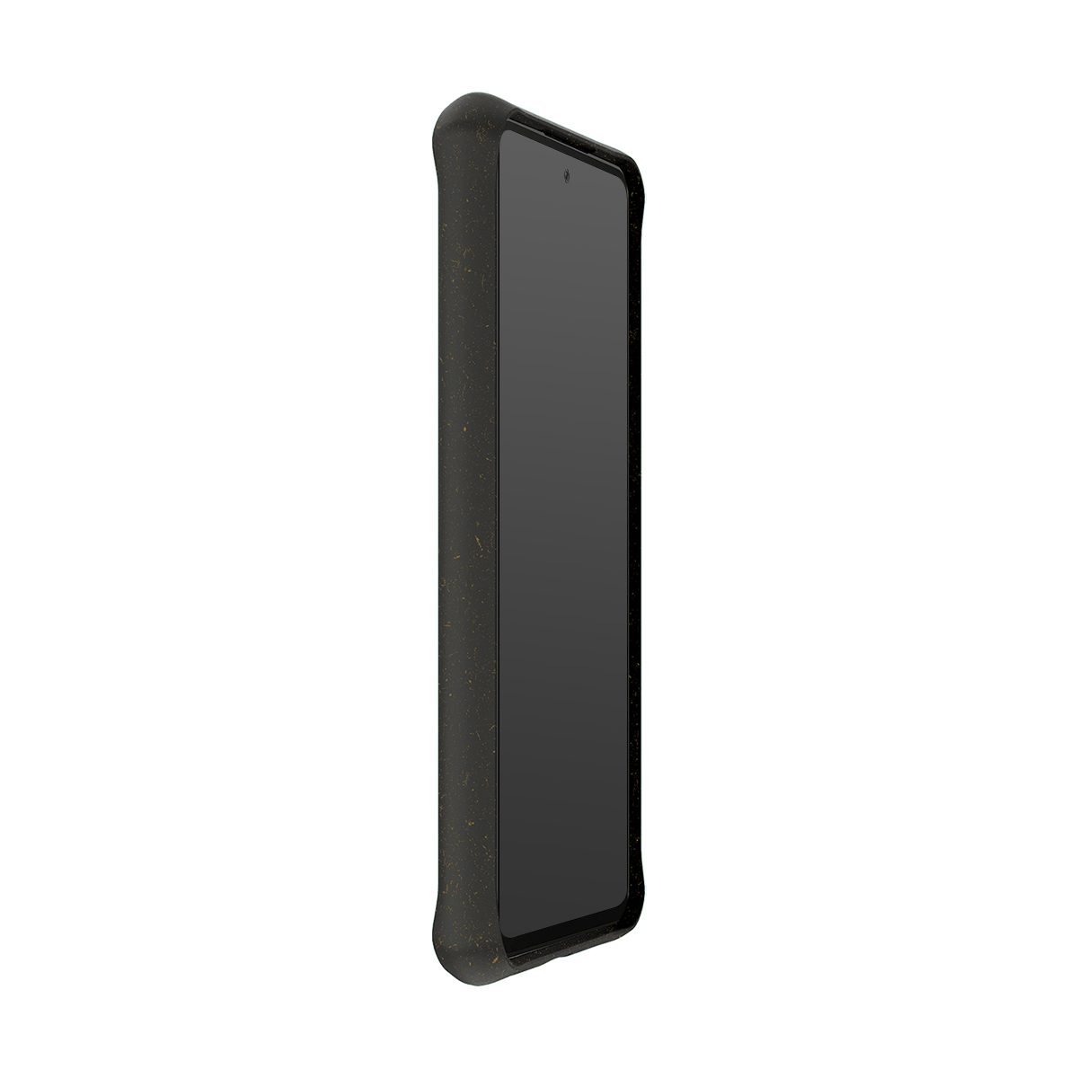 Uno smartphone nero con schermo scuro, visto di lato.