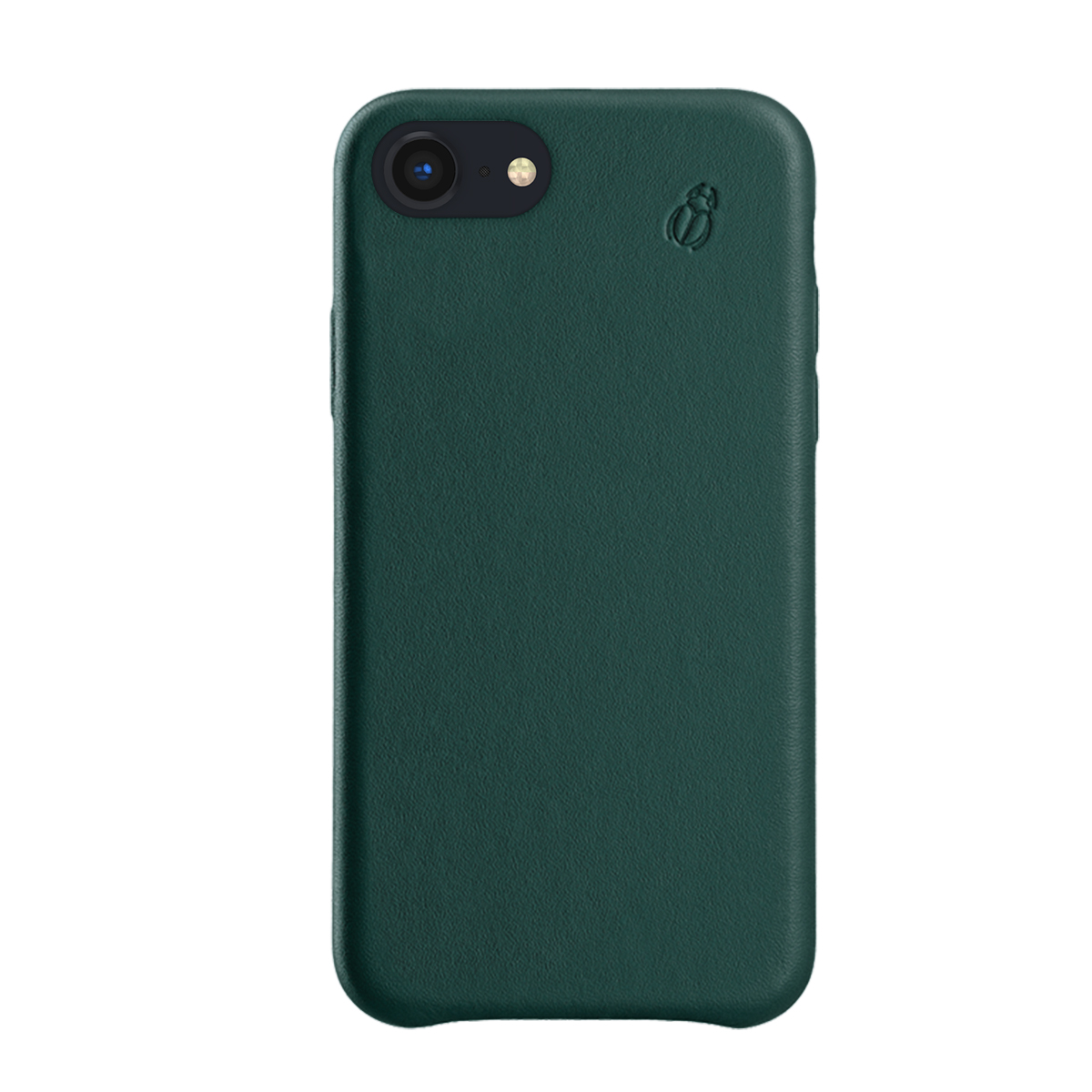 Custodia per telefono in pelle verde scuro con ritaglio fotocamera e logo.