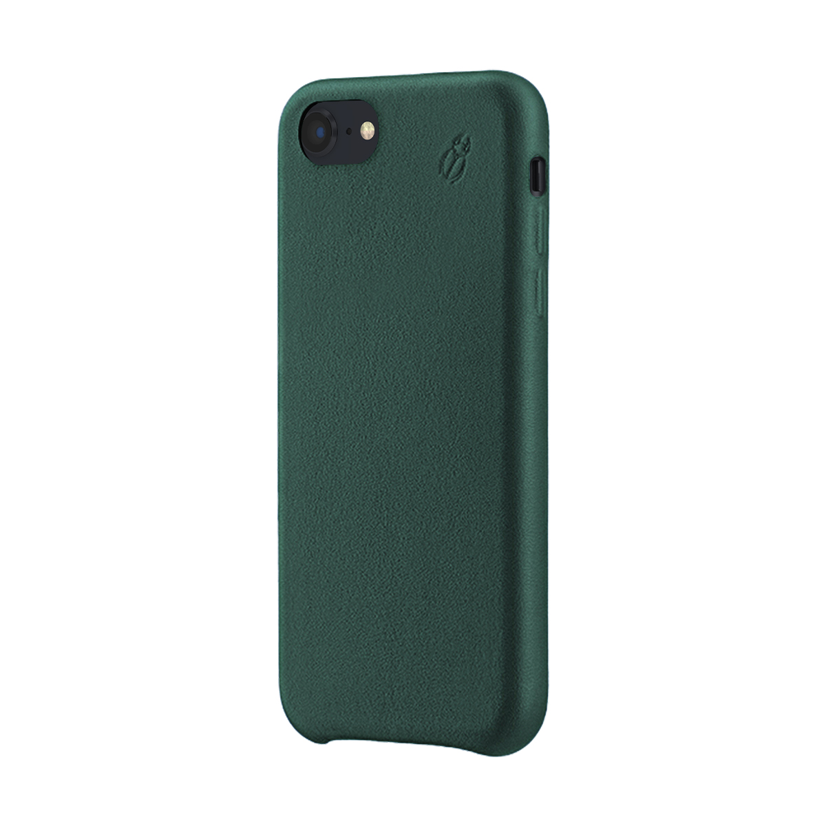 Custodia verde scuro per telefono con ritaglio fotocamera e logo su sfondo bianco.