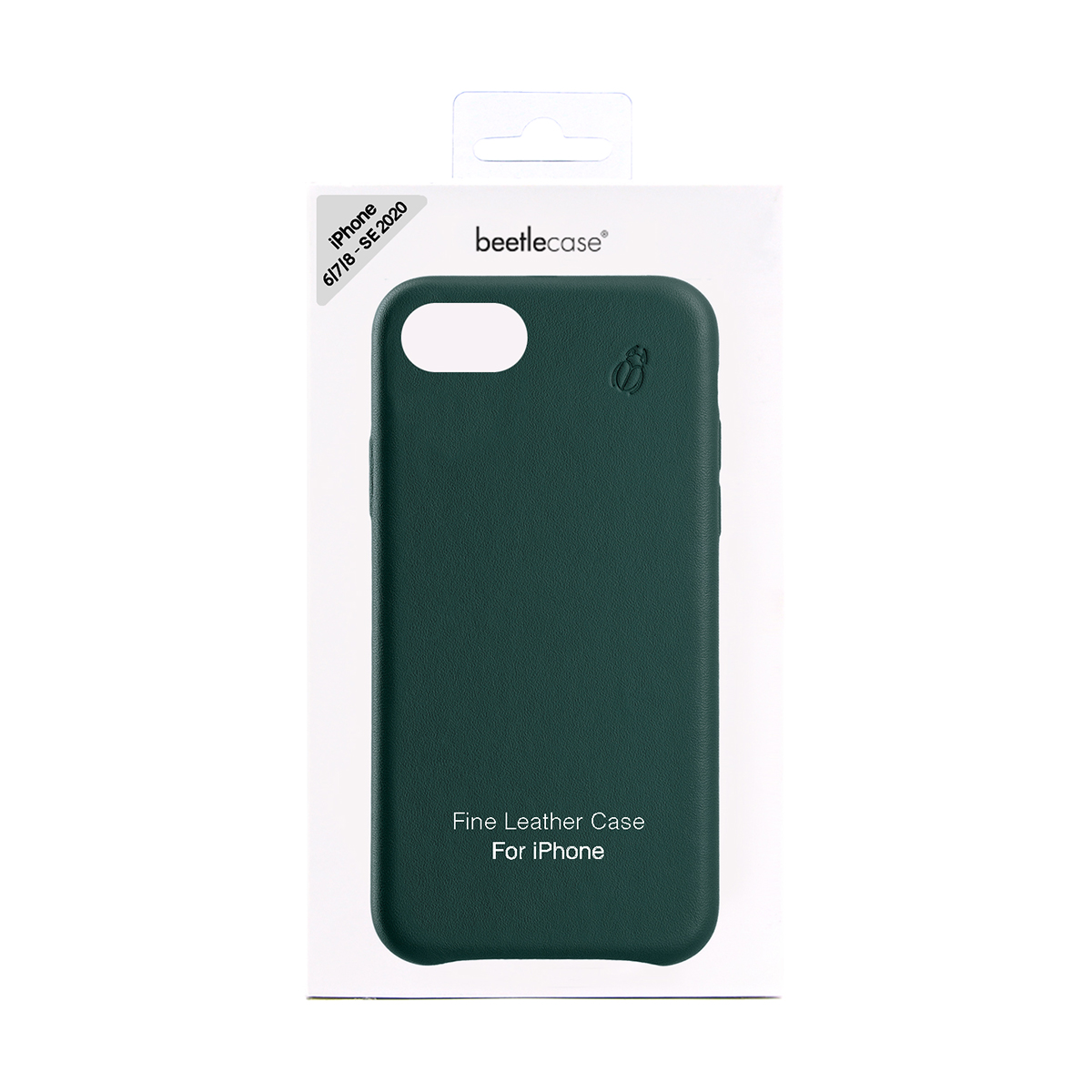 Custodia verde scuro in pelle per iPhone in confezione. Logo e testo stampati.