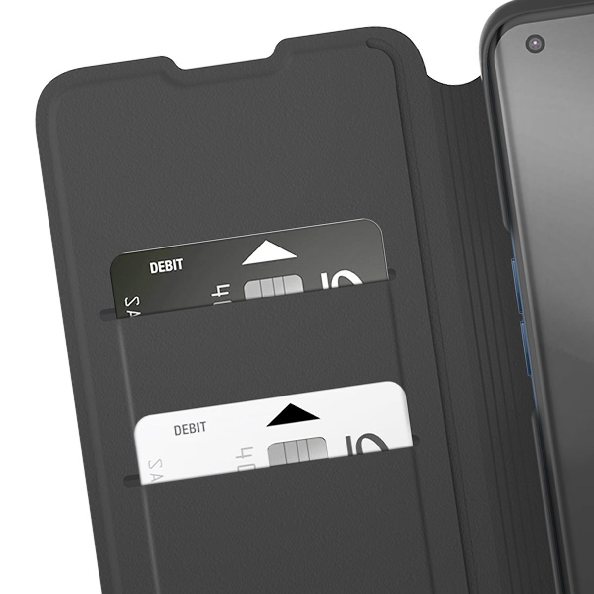 Una custodia nera per telefono con due fessure per carte contenenti due carte di debito.